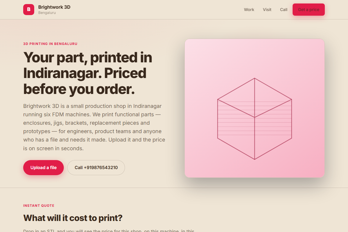The Workshop layout: the shop's pitch and one photo of their work, then the quote form